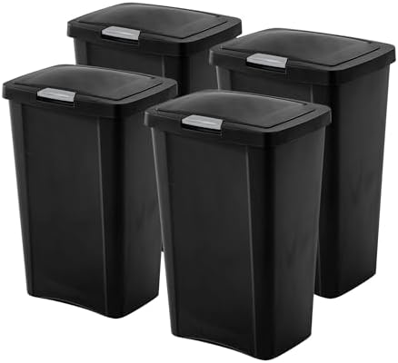 Sterilite 13 Gallon TouchTop™ Wastebasket, Lidded Trash Can, Black, 4 Pack