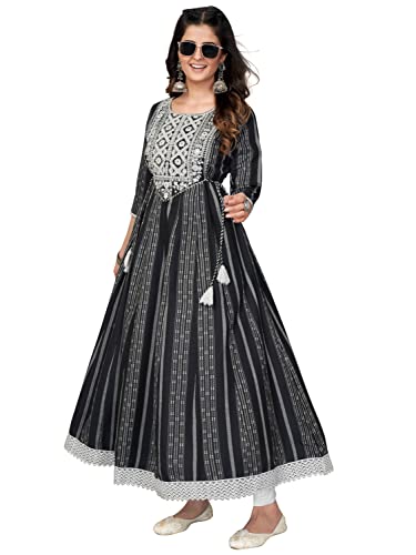 Image of Vbuyz Women's Cotton Blend Print & Embroidered Anarkali Stitched Kurta