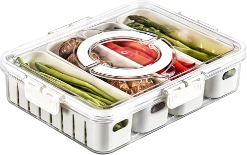 Image of Divided Veggie Tray with Lid and Handle 4 Compartment Serving Tray with Dividers Portable Travel Snack Containers Stackable Box Charcuterie Container for Fruit,Vegetable,Salad (4 Grid - 1 PC)