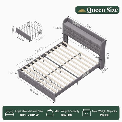 Image of Queen Size Storage Bed Frame, Square Tufted Headboard, Platform Bed with 2 Underbed Drawers at Foot, Wooden Slats Support, No Box Spring Needed, Dark Gray