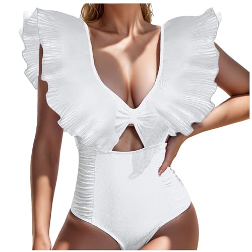 Maillot de bain jaune à volants femme col en V taille haute blanc S de plage confortable