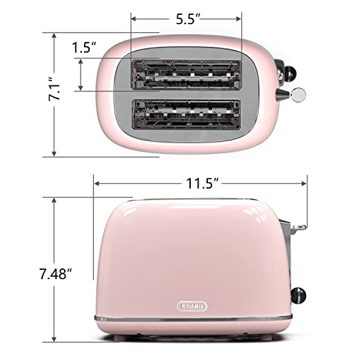 Toaster 2 Slice,Retro Stainless Steel Toaster With 6 Settings, 1.5 In Extra Wide Slots, Bagel/Defrost/Cancel Function, Removable Crumb Tray (Baby Pink) #TOP6