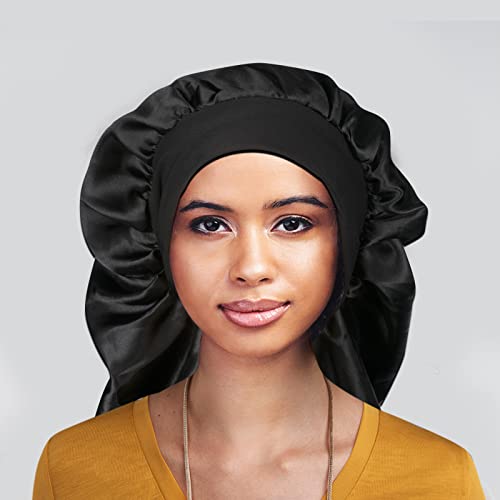 Satin Bonnet For Women 2 Pack Soft And Elastic Black Leopard Long Hair Cap，Large Breathable Silky Hair Bonnet For Sleeping Cap，Braids Bonnets For Women #TOP3