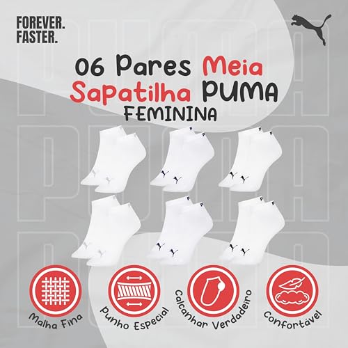 PUMA Kit 6 Pares Meia Sapatilha Esportiva Cano Curto Feminina, 6 Branco, 34-39