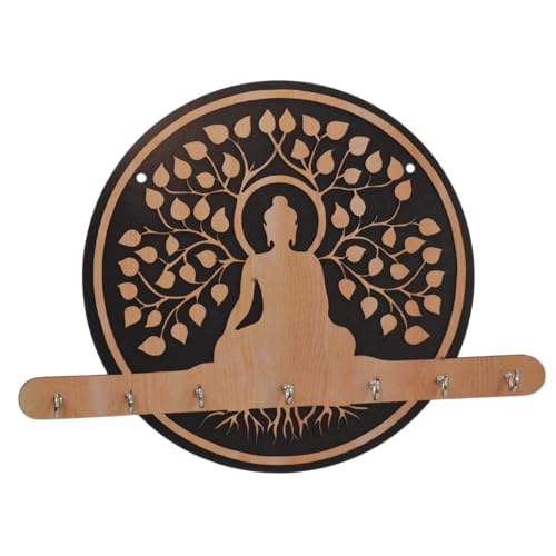 Image of CraftVatika Wooden Key Holder for Home Decor Items, Key Hanger Wall Mounted Decoration Handicraft Key Chain Stand Wood Keys Organizer 6 Stainless Steel Hook Decorative Items for Home Decor, Wall Decor