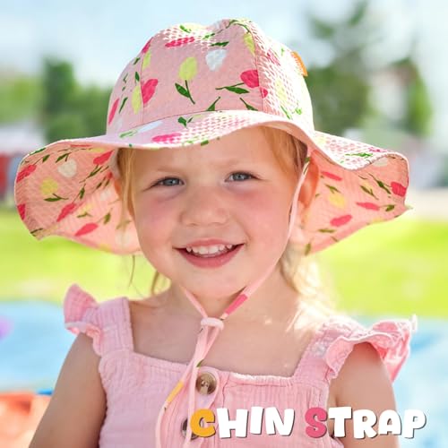 Image of HONGTEYA Baby Sun Hat Toddler Girl Beach Hat Sun Protection Adjustable Outdoor Summer Wide Brim Bucket Hat for Infant Kids