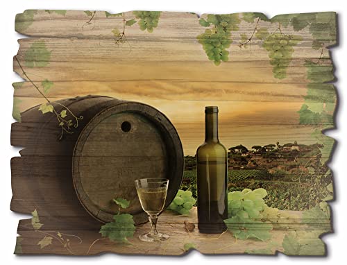 ARTland Wanddeko Bild aus Holz Holzbild vintage Deko 40x30 cm Wein Trauben Reben Weinberg Natur Landschaft Landhausstil U1UE
