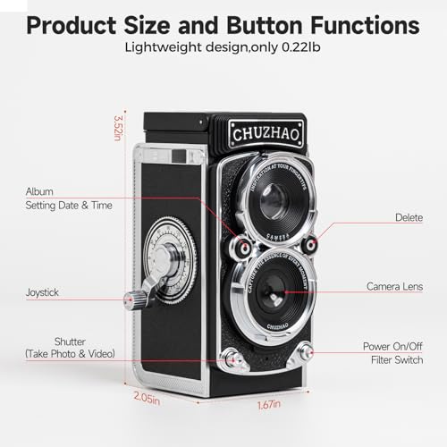 Image of Vintage Mini Digital Camera with Date & Time Setting - Portable Retro TLR Style, 1080P FHD Video 12MP Photos Autofocus Compact CHUZHAO Camera with 16GB Card for Beginners Teens Adults, Black