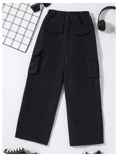 OYOANGLE Boy's Elastic Waist Straight Leg Cargo Pants Street Solid Long Trousers with Pockets2