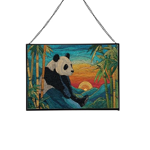Sunset Panda with Bamboo Frame Rectangular Stained Glass Suncatcher – Hanging Window Panel with Animal & Nature Scene – Vibrant Glass Art Gift for Wildlife, Fantasy, Nature Lovers TLnYiD
