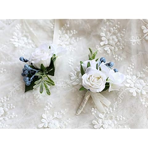Flonding Rose Wedding Wrist Corsage and Boutonniere Set Party Prom Hand Ribbon Flower Suit Decor (White) Cover