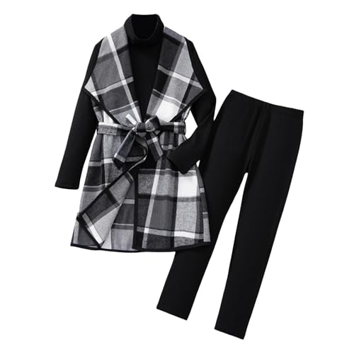 Conjunto cálido para niña contra el frío: abrigo largo a cuadros y pantalón de otoño
