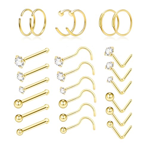 24 Stück Nasenpiercing Gold, 20G 14K Edelstahl Nasenring Nasenstecker Gold Screw, 316L CZ/Straight/L-Form/Kugel Nostril Piercing Schmuck, Clicker Nose Ring, Nasenpiercing Ring Piercing Nase Ring