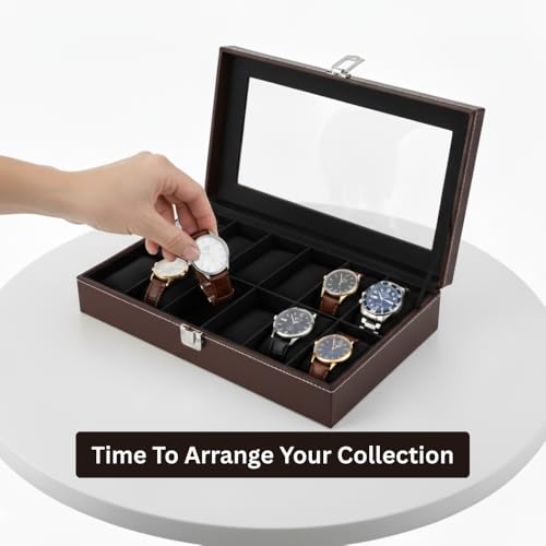 Image of BOXXO 12 Slot Watch Organizer Box for Men & Women - Premium PU Leather Watch Case, Soft Velvet Cushions & Glass Lid Display, Elegant Storage Box - 34x20x8 cm (Brown & Black (Transparent), 12 Slots)