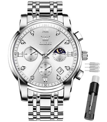 OLEVS Male Wrist Watches, Analog Quartz Business Stainless Steel Waterproof Luminous Watches Luxury Casual Big Diamond Dial Date Multi-Function Chronograph Watches for Man