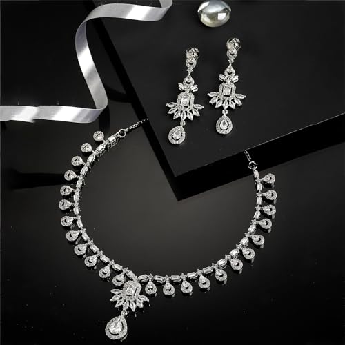 Elegant Rhodium Plated Necklace Set with American Diamond Studs