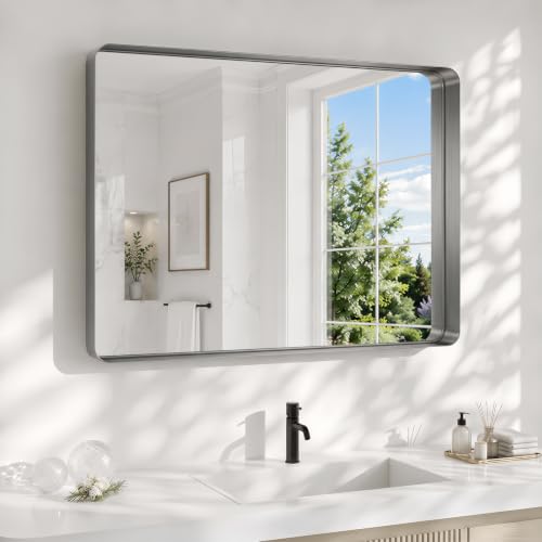 30x40 Inch Black Bathroom Mirror Metal Framed, HD Tempered Glass