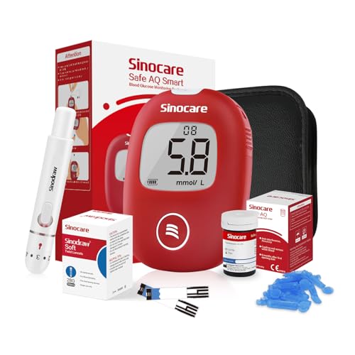 sinocare Diabetes Testing Kit, Blood Sugar Monitor Safe AQ Smart, Blood Sugar Test Kit w/Strips x 25, Lancing Devices x 25, 5 Seconds Test Glucose Monitor -in mmol/L