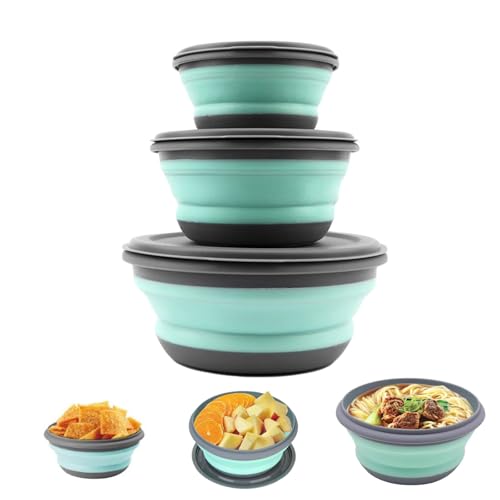 Elegance-go Camping Bowls,3PCS Collapsible Bowls,Silicone Lunch Box with Lids,300ml+650ml+900ml Portable Silicone Bowl,Multipurpose Folding Bowl for Camping Picnic Travel（Green）