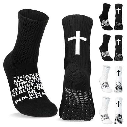 Glitopper Cross Grip Soccer Socks Anti Slip Christian Socks with Bible Verse Religious Grip Sports(Philippians 4:13,Black)