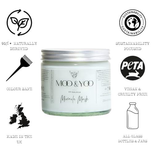 Moo & Yoo Miracle Hair Mask - Marula Oil & Wheat Protein - Hair Masks for Dry Damaged Hair - Vegan & Cruelty Free Hair Treatment - 250ml Recyclable Glass Jar - Image 3