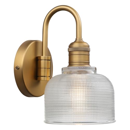 Image of Yosoan Brass Gold Vintage Wall Sconce with Striped Shade, 1-Light Modern Vanity Light Industrial Single Wall Mounted Hardwired Bowl Texture Glass Shade for Living Room Bedroom Kitchen Hallway(Antique)