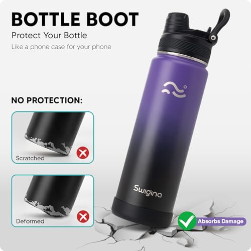 Image of Swigina [2-IN-1 LID] Insulated Water Bottle with Silicone Boot (36hrs Cold /18hrs Hot) - DIY Stickers, Leakproof, BPA Free, 24 oz