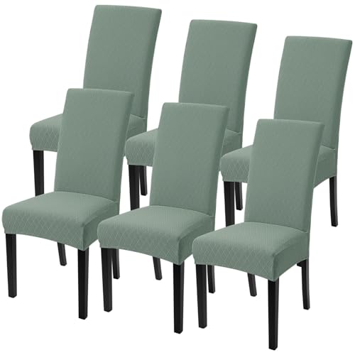 Image of SearchI Dining Room Chair Covers Set of 6, Stretch Jacquard Parsons Chair Slipcovers Removable Washable Kitchen Chair Protector Cover for Dining Room, Hotel, Ceremony (Sage Green Rhombus)