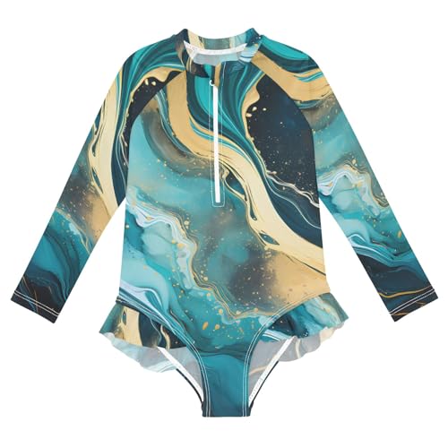 ALAZA Swimsuit for Girls Long Sleeve Rashguard Bathing Suit Blue Marble Gold Quick Dry 4T