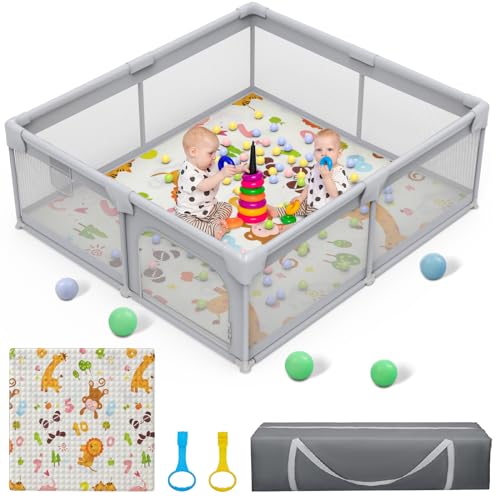 Image of Baby Playpen with Mat Play pens for Babies and Toddlers Large Playard Infant Play Area Side Gate Baby Fence Ball&Toys Pits Indoor Outdoor Activity Center with Anti-Slip Base