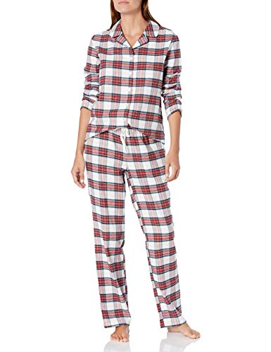 Amazon Essentials Women's Flannel Long Sleeve Shirt and Full Length Pant Pajama Set, White Tartan Flannel, Small