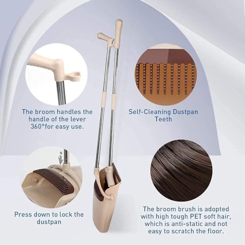 Image of Stand Up Dustpan & Broom Set with Long Extendable Handle, Upright Lobby Broom Combo for Home, Kitchen, Office & Bathroom Floor Cleaning, Easy Storage, Durable Sweeping Tool Set