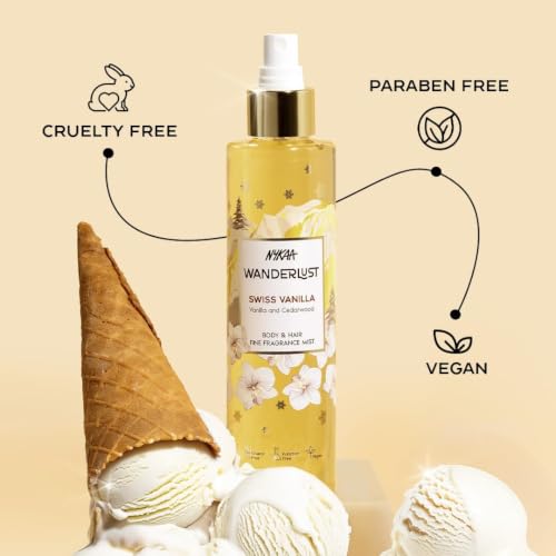 Image of Nykaa Wanderlust Swiss Vanilla Hair & Body Mist 100ml | Long-Lasting Fine Fragrance Mist | Vanilla & Cedarwood | Travel Friendly, Lightweight, Non-Sticky