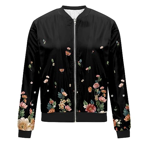 Bomber Jacket Women 2025 Long Sleeve Stand Collar Fall Jackets Lightweight Causal Floral Zip Up Coats2