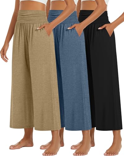 Huukeay 3 Pack Wide Leg Cropped Pants for Women, High Waist Lounge Yoga Pants Loose Casual Palazzo Capri Trouser with Pockets