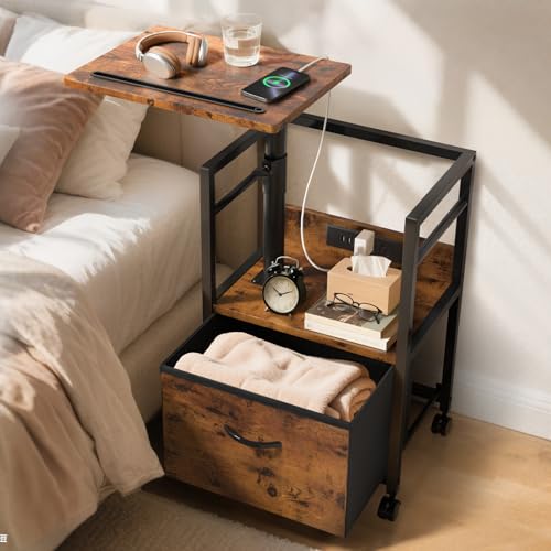 Swivel Lift Top Nightstand with Charging Station & Wheels