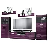 Mit dekorativer Glasablage Vladon Wohnzimmer Wohnwand Anbauwand Schrankwand Almada, Korpus in Schwarz matt/Front in Brombeer Hochglanz