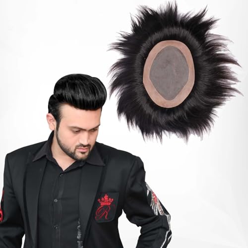 Image of Kabello MONOFILAMENT Human Hair Patch Toupee for Men Natural Human Hair, Fine Hair Wig Replacement System Easy Fit with Tape, Glue or Clips Mono Base (Natural Black) (8X5)