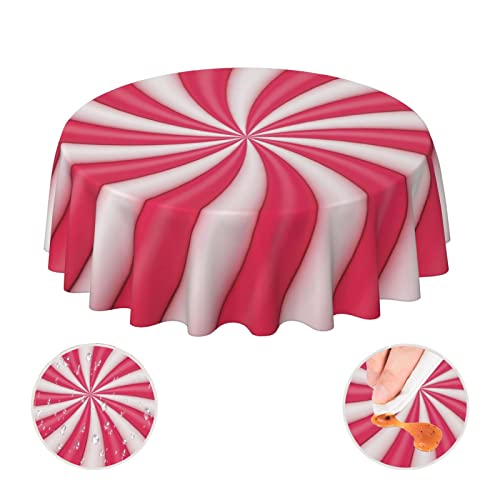 Christmas Lollipop Candy Sugar Red And White Cute Funny Pink Waterproof Picnic Round Table Cloth Cover Decorations Fabric 60 Inch Circular Tablecloth For 20-47 Inch Home Dining Room Kitchen Decor