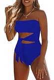 Picture of Viottiset Women's Bandeau One Piece Swimsuit Strapless Tie High Cut Out Bathing Suit Blue X-Large