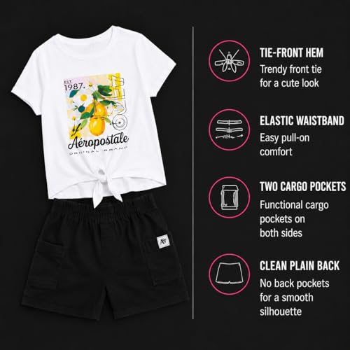 Image of AEROPOSTALE Girls Shorts Set - 2 Piece Soft Short Sleeve Graphic Tees and Twill or Denim Shorts Summer Outfits for Girls