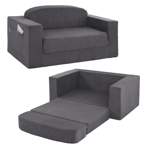 MeMoreCool Convertible Loveseat Sofa Bed, Small-Space Corduroy Floor Boneless Couch with High-Density Foam, Removable Washable Cover, No-Assembly Fold-Out Guest Bed for Flats & Bedrooms, Dark Gery