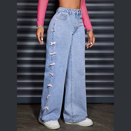 Oplxuo Cute Jeans for Women Girls 3D Bows Denim Pants Y2K High Waisted Straight Leg Baggy Jeans Casual Preppy Clothes4