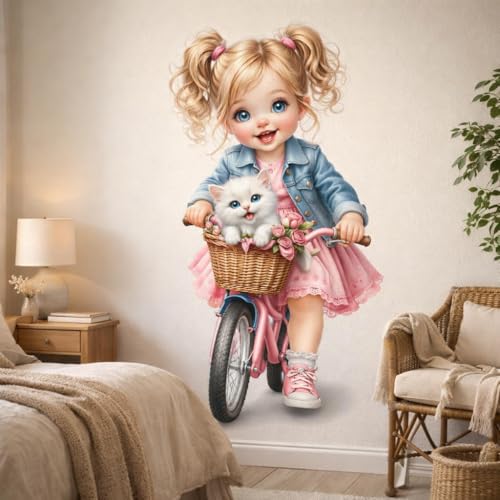 Image of Rangoli Cute Girl Wall Sticker 12.5 x 12.5 Inch Cartoon Bicycle & Cat Design Self Adhesive Wall Decor for Kids Room Nursery Bedroom Baby Room Wall Art