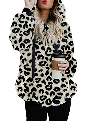 Dokotoo Womens Winter Leopard Print Hoodie Cozy Soft Warm Flannel Fuzzy Fleece Casual Loose Oversized Sweatshirt Hooded Sweater With Pockets Outerwear Tops Grey Small #TOP8