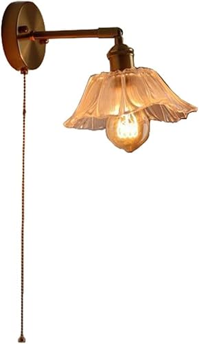 HUAYUSEDF Vintage Wall Sconce with Amber Flower Glass Light Fixture Purple Clear Nordic Modern Pull Chain Gold Farmhouse Mounted Lamp for Bedroom Living Room Bedside(Clear)
