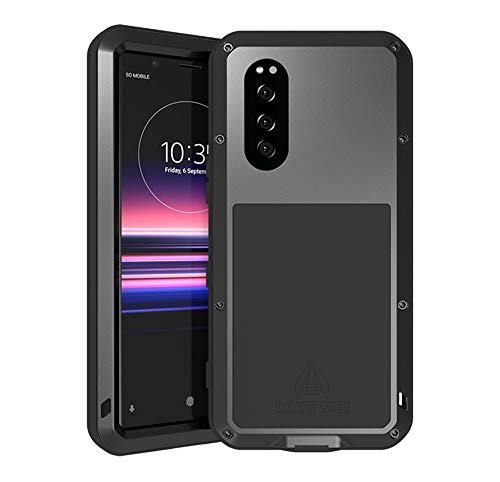 RanGuo para Sony Xperia 5 Funda, Love Mei Aire Libre Tarea Pesada Híbrido Metal Armadura Antipolvo A Prueba de Golpes Protección Carcasa con Protector de Pantalla de Vidrio Templado (Negro)