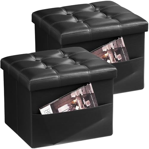 Image of Bsketa Storage Ottoman Bench, 16 inch Folding Leather Foot Rest, Black 2 Pack | Small Ottoman with Side Pockets, Thicker Foam Padded Seat, Livingroom, Dorm, Bedroom, Easy to install, 38L, 16x12x12in