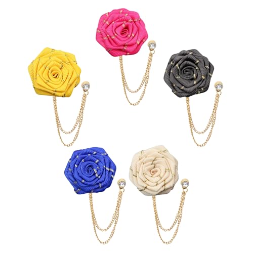 5Pcs Multicolor Rose Flower Lapel Pins for Men Handmade Satin Flower Lapel Pin for Men Suits Fashion Jewelry with Hanging Tassel Chain Brooch Pin Men's Suit Wedding Party Groom Accessories (Color 2)