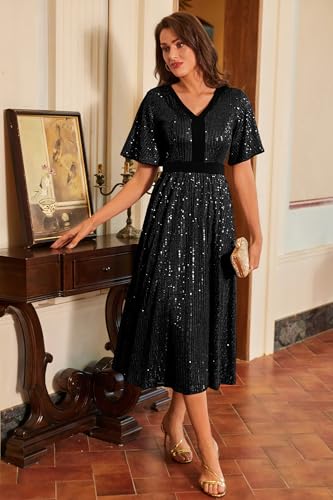 GRACE KARIN Women's Sequin V Neck Ruffle Sleeve Empire Waist Sparkly Glitter A Line Cocktail Formal Dresses2